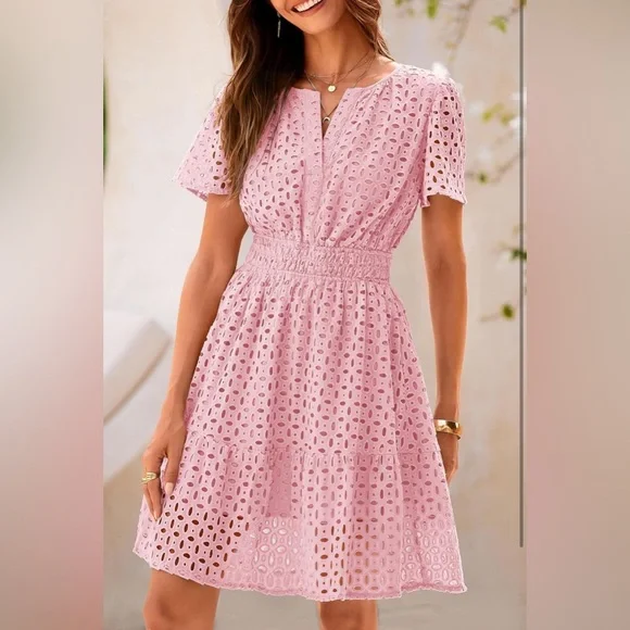 PRETTYGARDEN Short Dress V Neck Short Sleeve A Line Hollow Out Lace Ruffle Dress - Picture 6 of 14